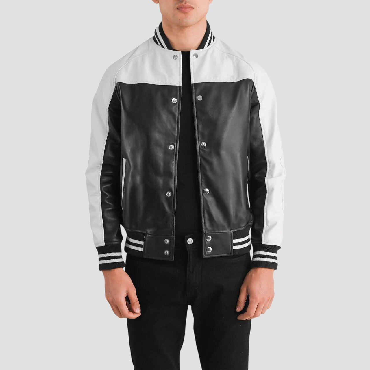 Men Black and White Genuine Leather Varsity Jacket