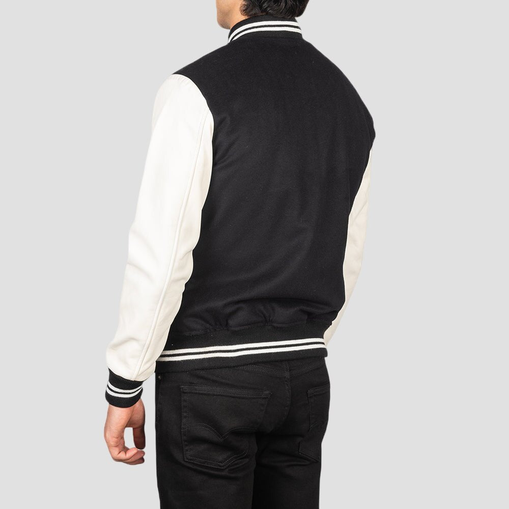 Men Black and White Hybrid Wool and Leather Varsity Jacket