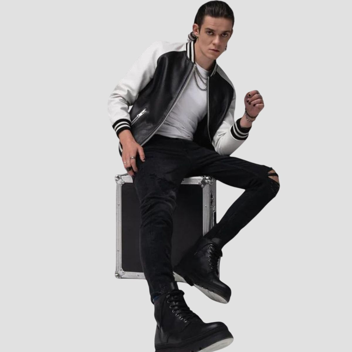 Men Black and White Premium Leather Baseball Varsity Jacket
