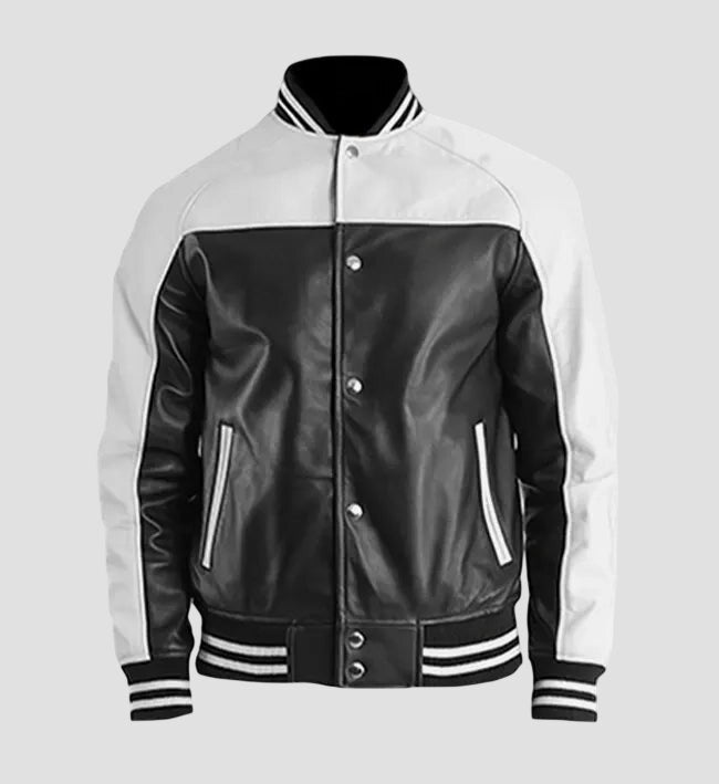 Men Black and White Real Leather Varsity Jacket