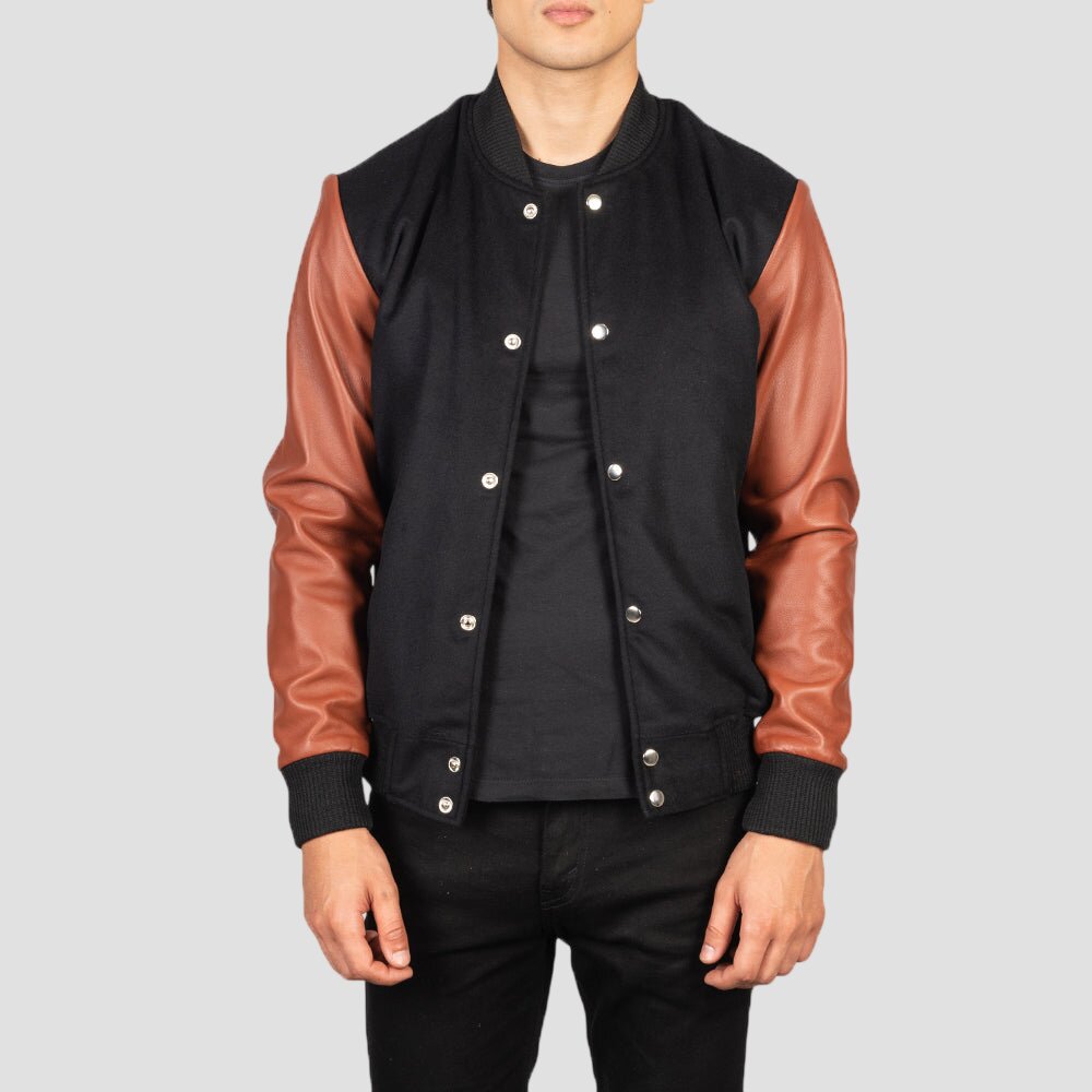 Men Brown and Black Hybrid Wool and Leather Varsity Jacket