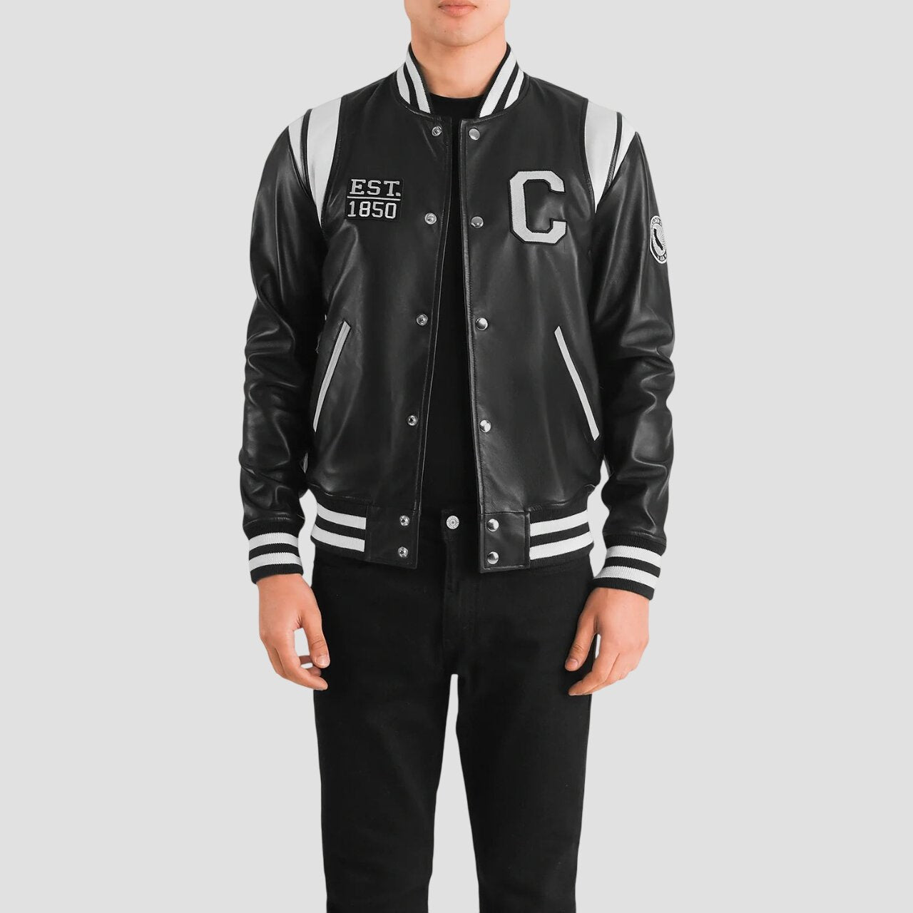 Men California Black Leather Varsity Jacket