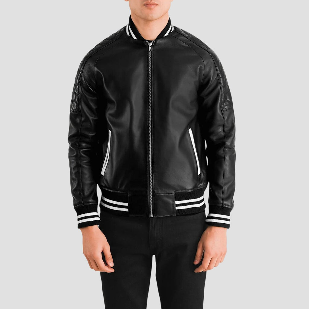 Men Classic Black Leather Varsity Jacket