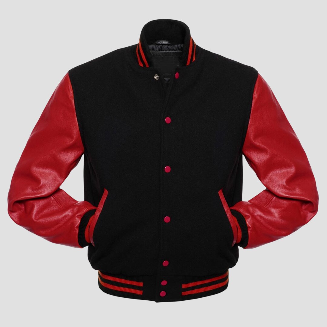 Men Classic Black and Red Baseball Varsity Jacket