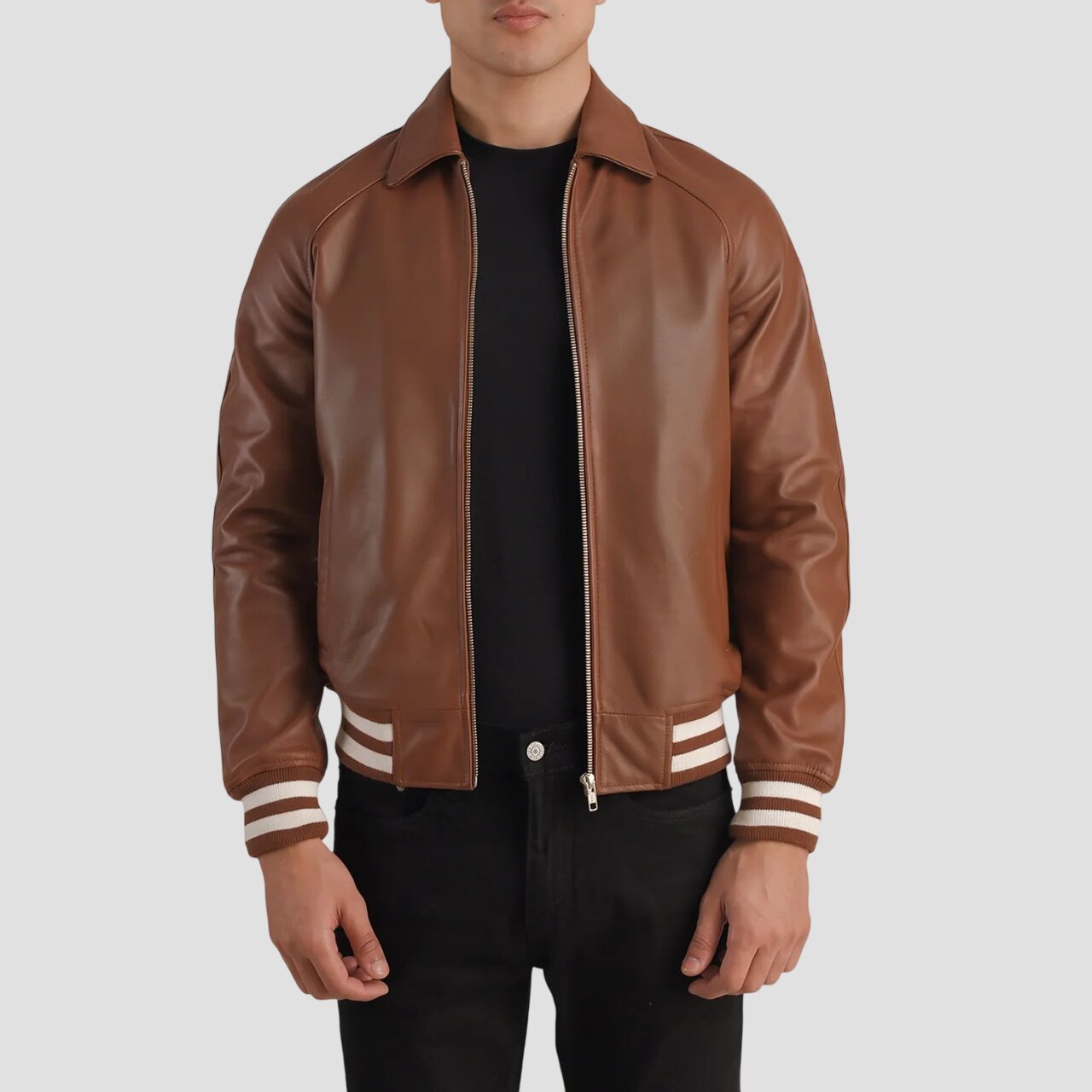 Men Dark Brown Premium Genuine Leather Varsity Jacket