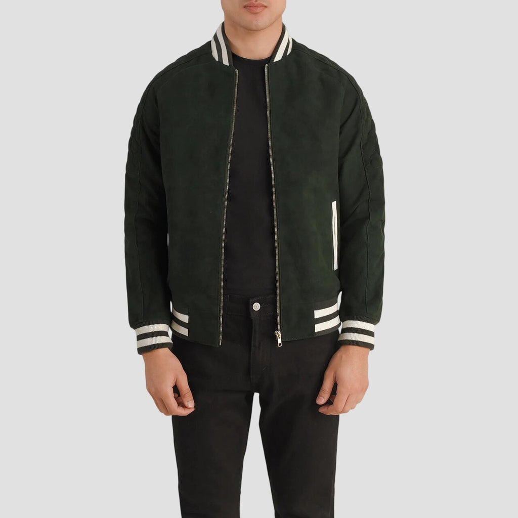 Men Green Suede Leather Varsity Jacket