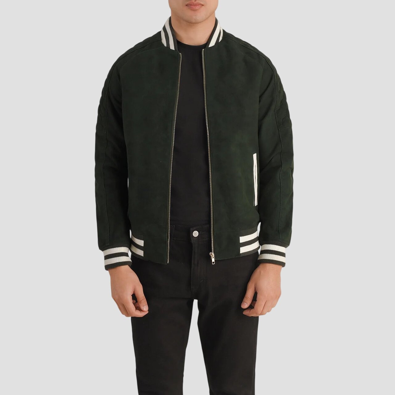 Men Green Suede Leather Varsity Jacket