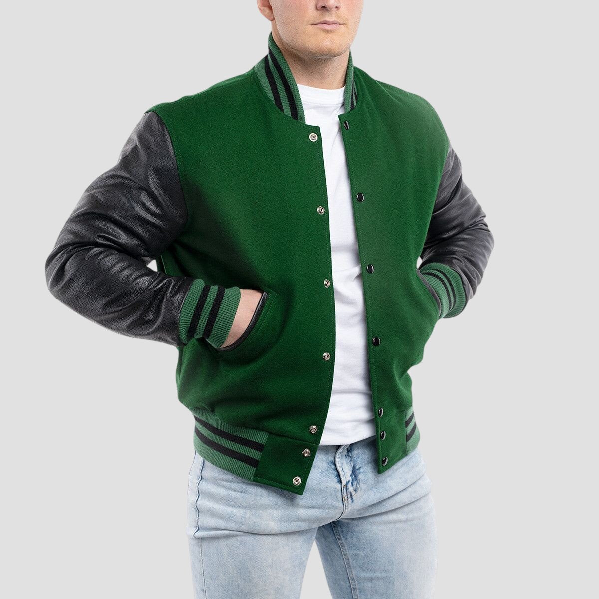 Men Green Wool and Black Leather Varsity Jacket