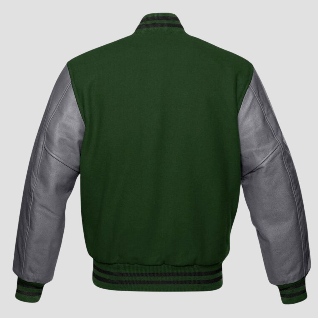 Men Green and Grey Wool with Leather Varsity Jacket