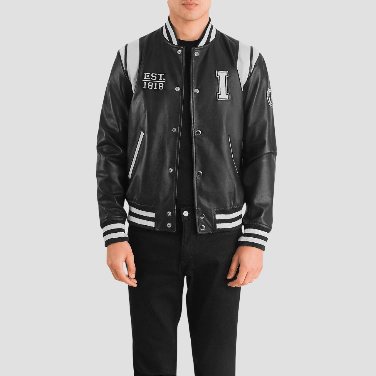 Men Illinois Black Leather Varsity Jacket