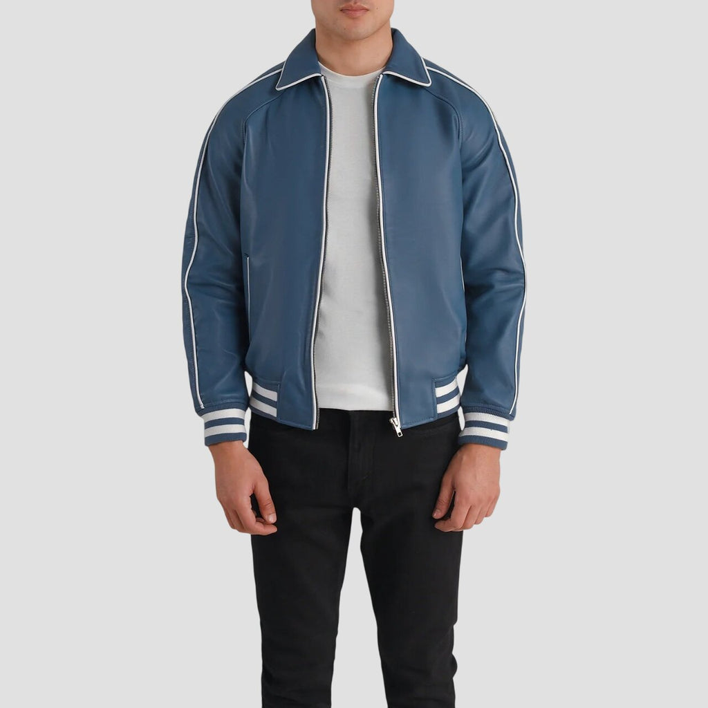 Men Light Blue Leather Varsity Jacket