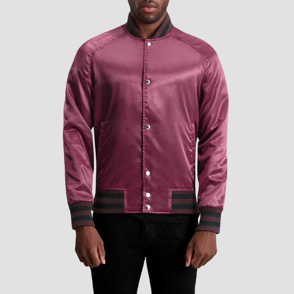 Men Maroon Satin Varsity Bomber Jacket