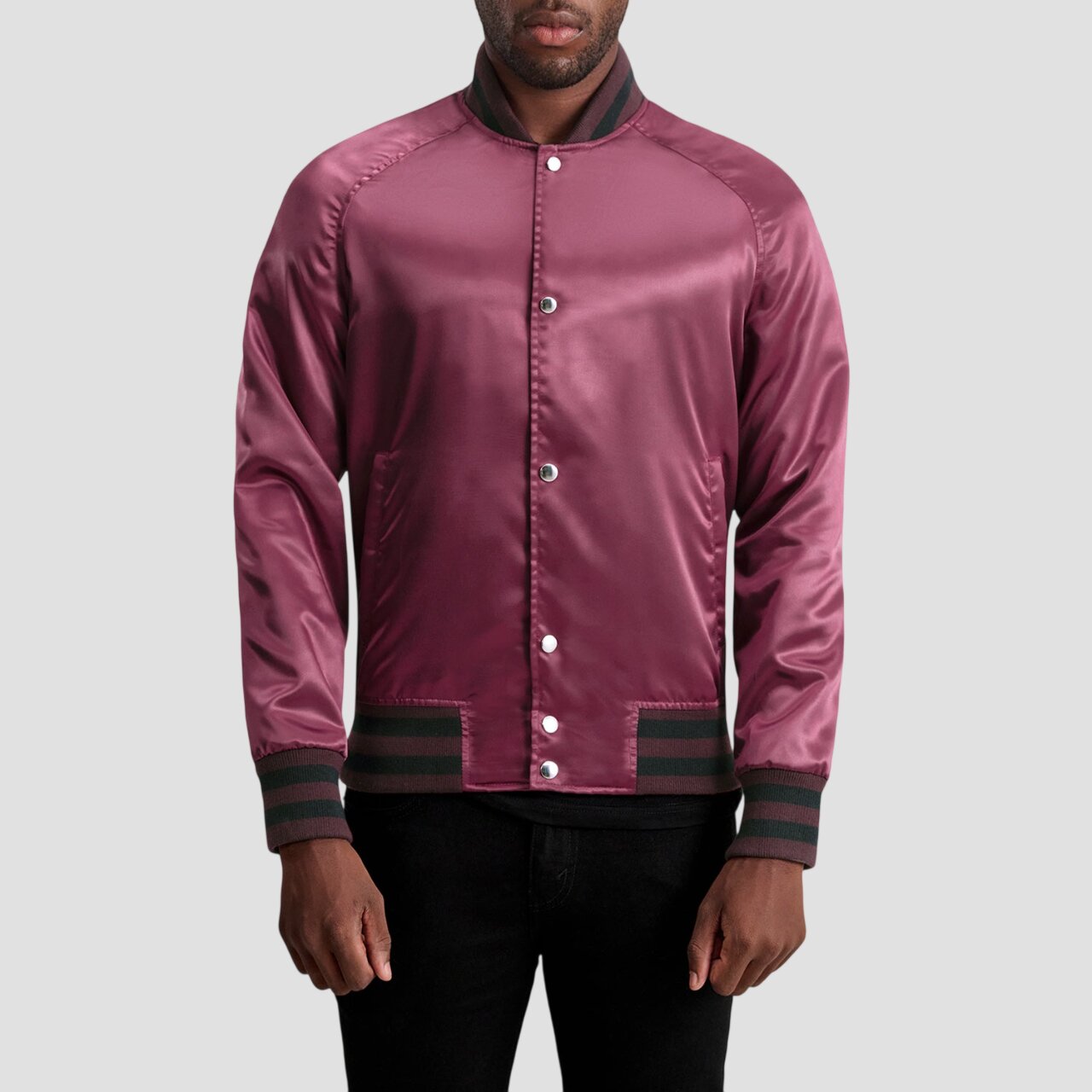 Men Maroon Satin Varsity Bomber Jacket