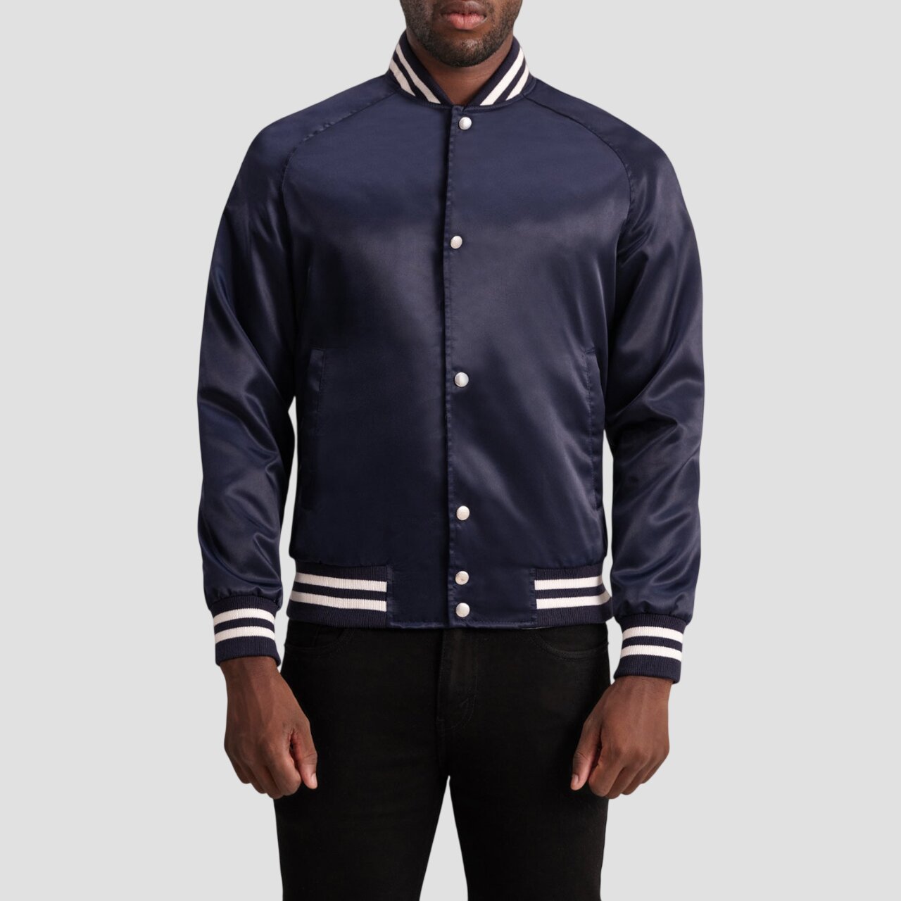 Men Navy Blue Satin Varsity Jacket
