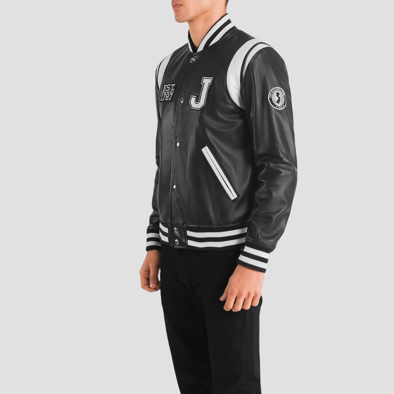 Men New Jersey Black Genuine Leather Varsity Jacket