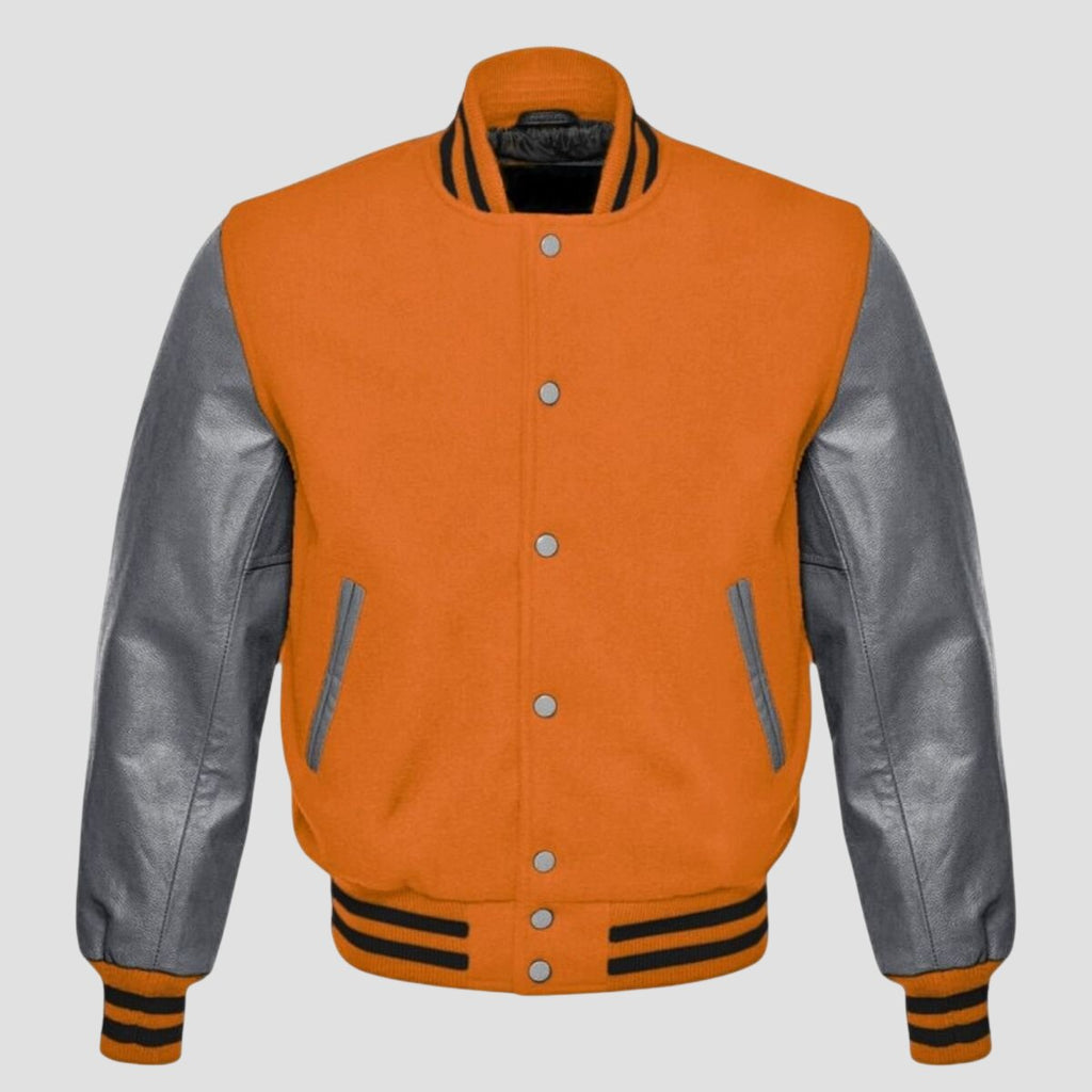 Men Orange and Grey Baseball Varsity Jacket