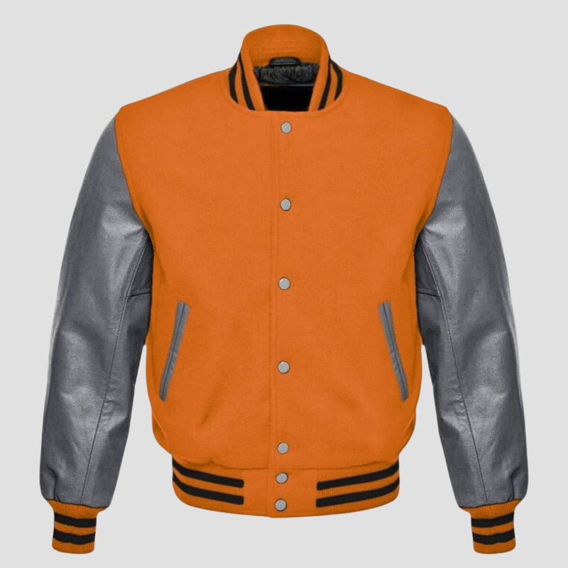 Men Orange and Grey Baseball Varsity Jacket