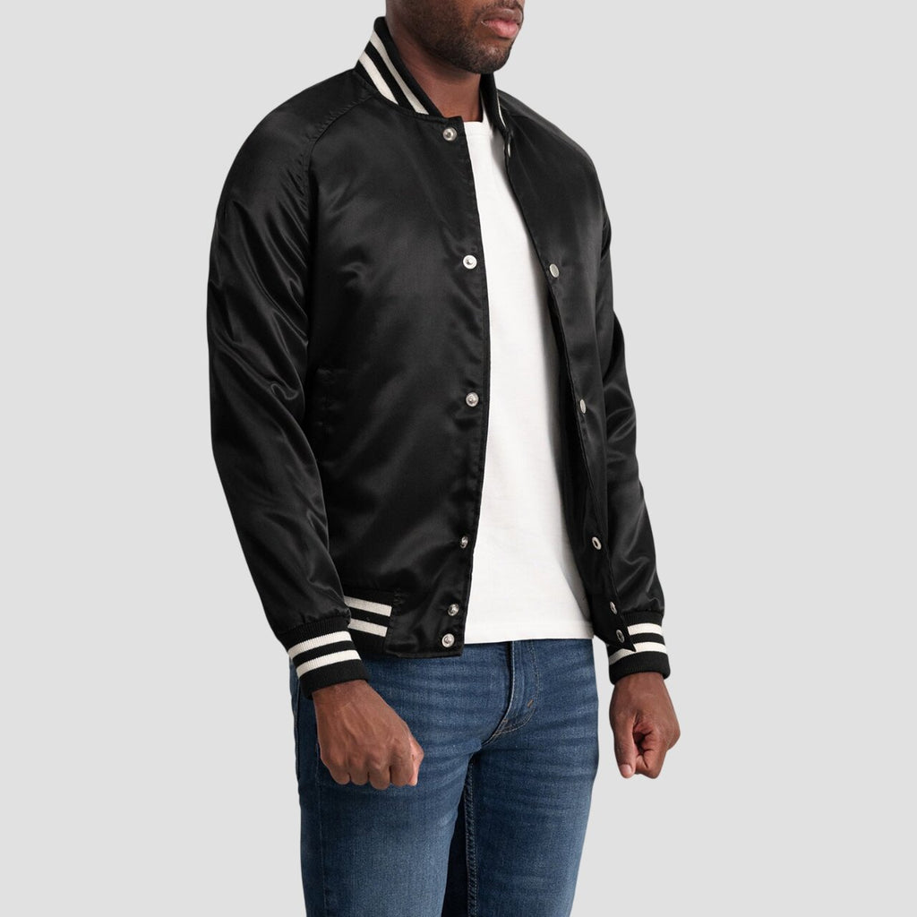 Men Premium Black Satin Varsity Jacket