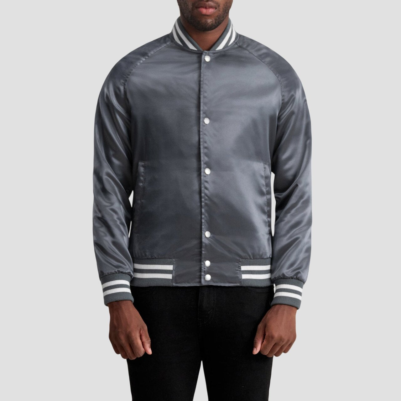 Men Premium Grey Satin Varsity Bomber Jacket