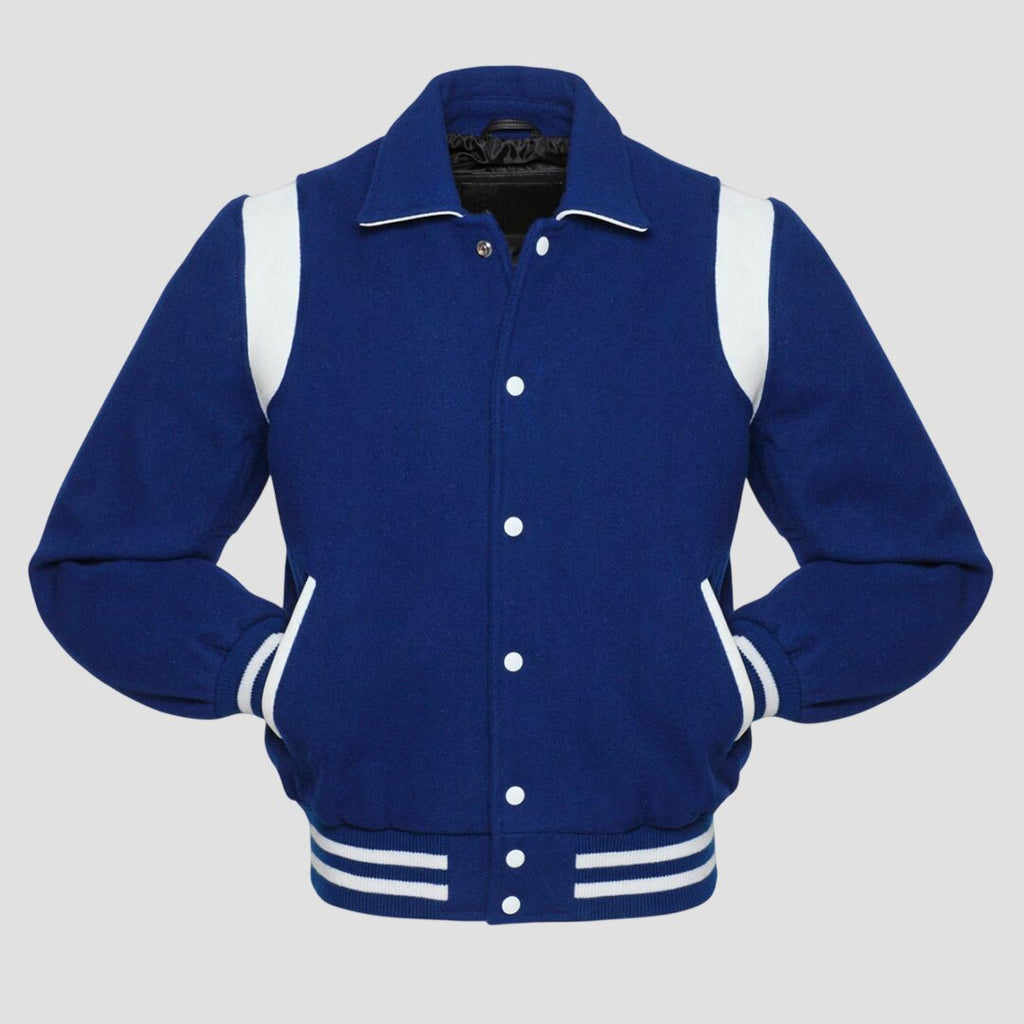 Men Royal Blue and White Wool Varsity Jacket