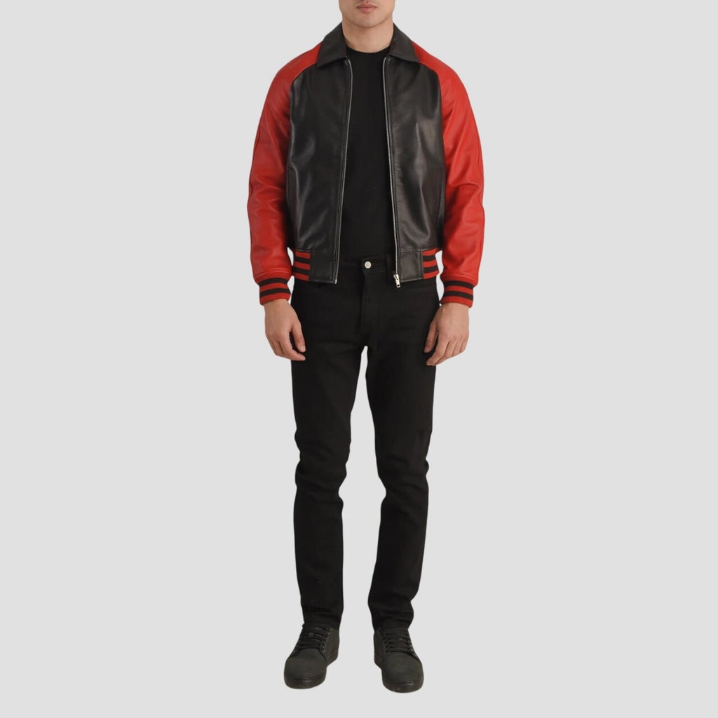 Men Stylish Black and Red Leather Varsity Jacket