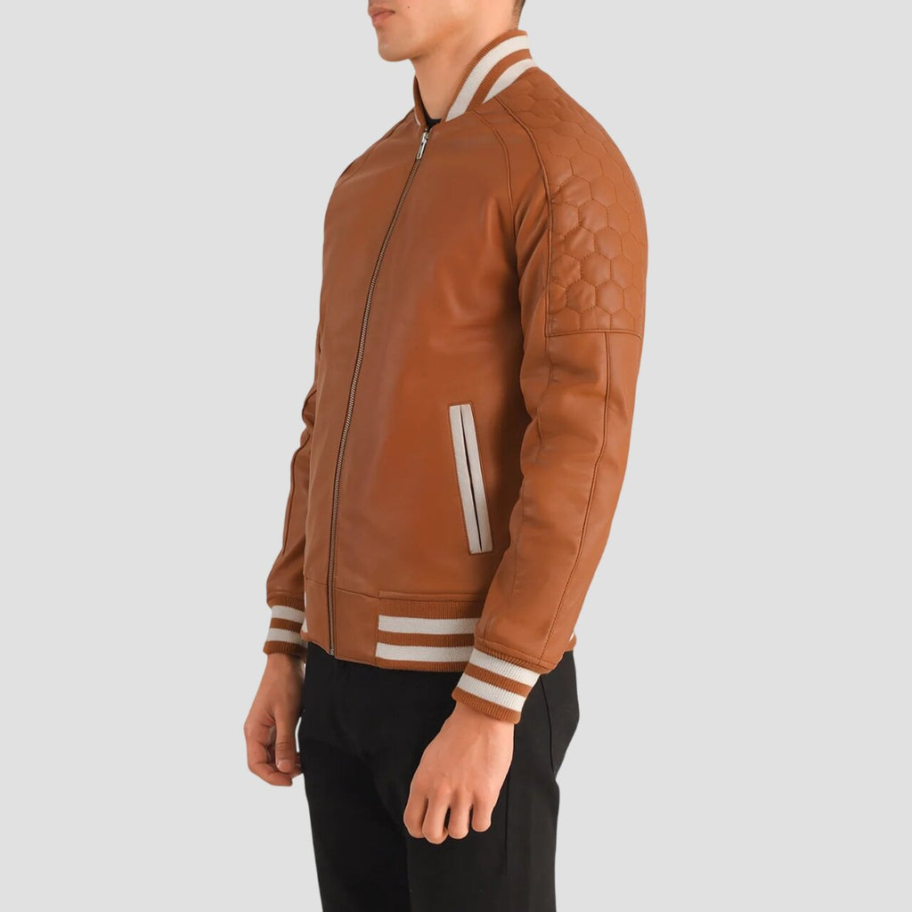 Men Tan Brown Genuine Leather Varsity Jacket