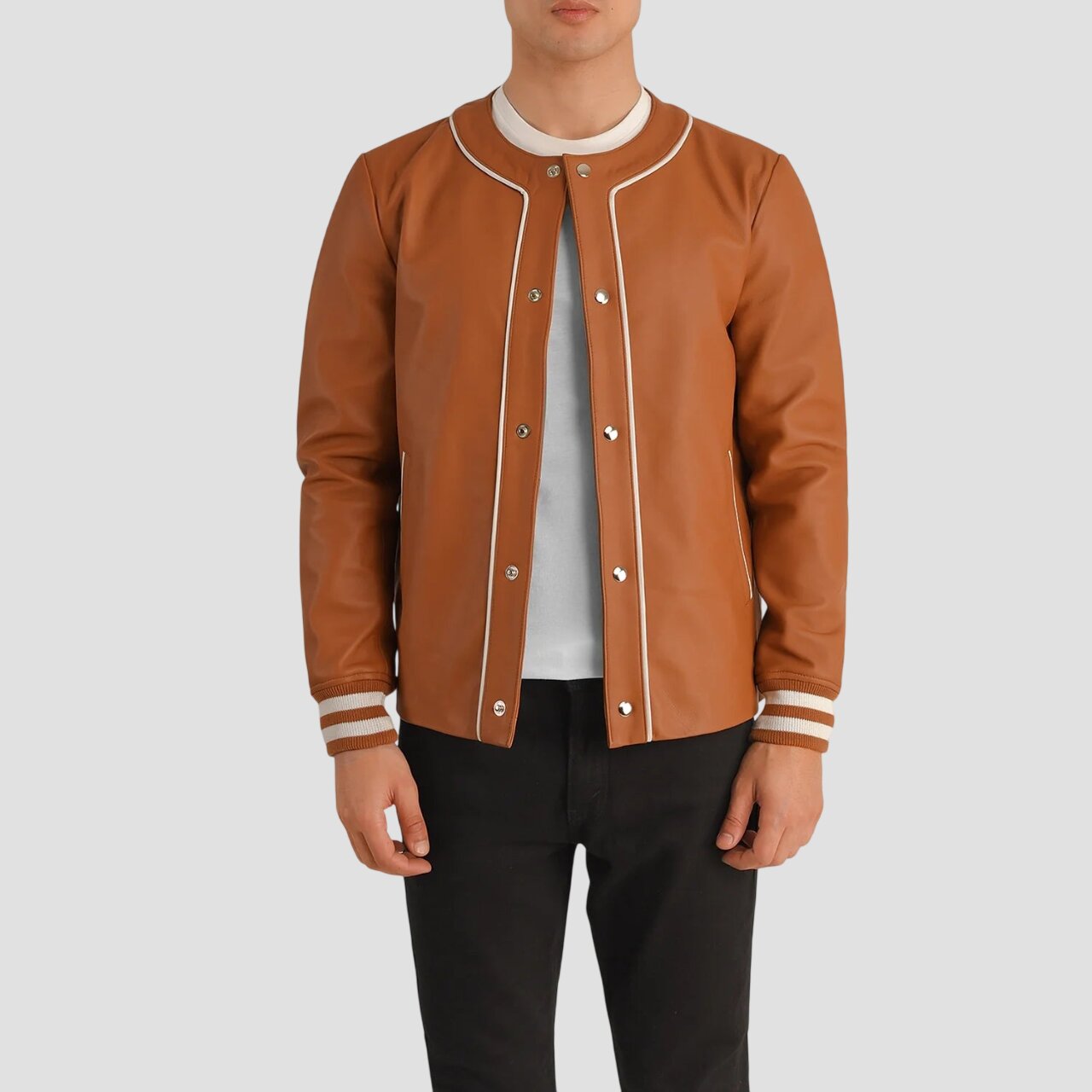 Men Tan Brown Leather Varsity Jacket