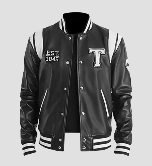 Men Texas Black Real Leather Varsity Jacket