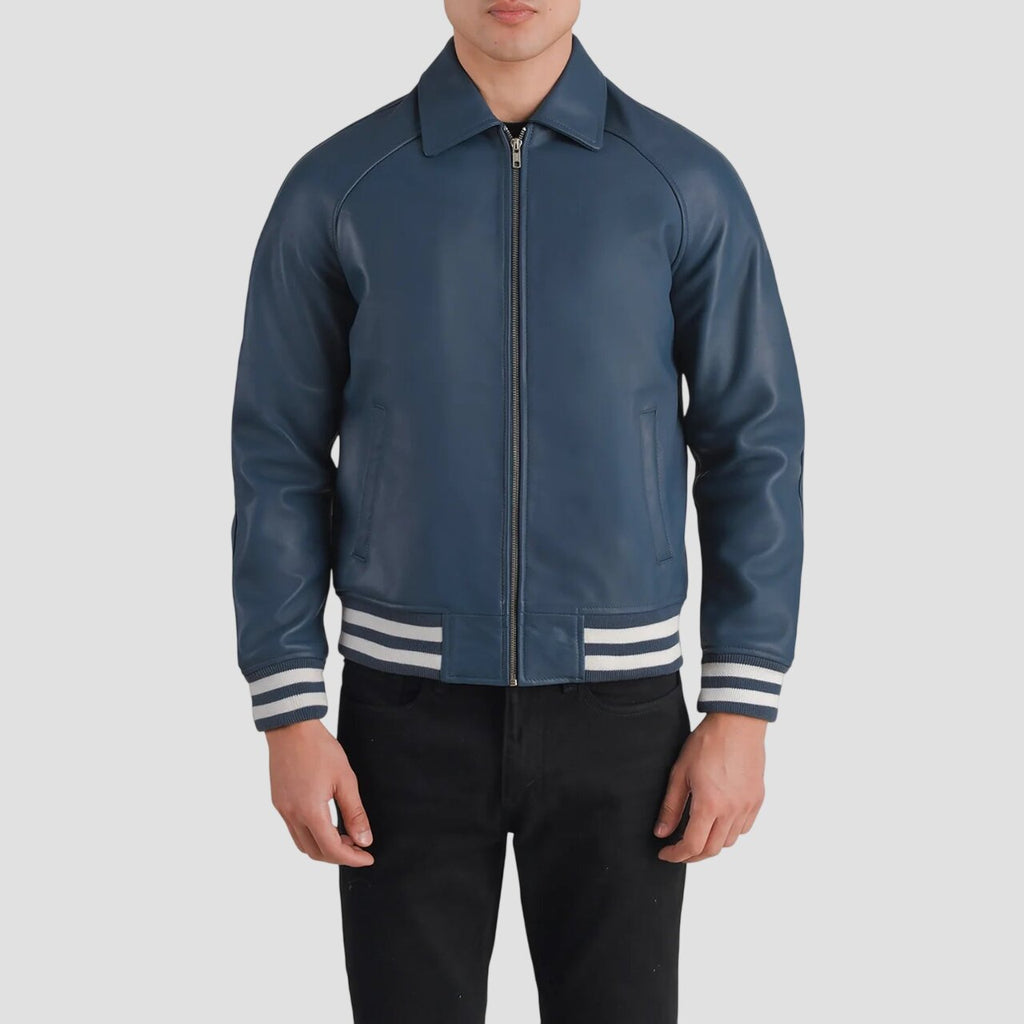 Men Trendy Light Blue Leather Varsity Jacket
