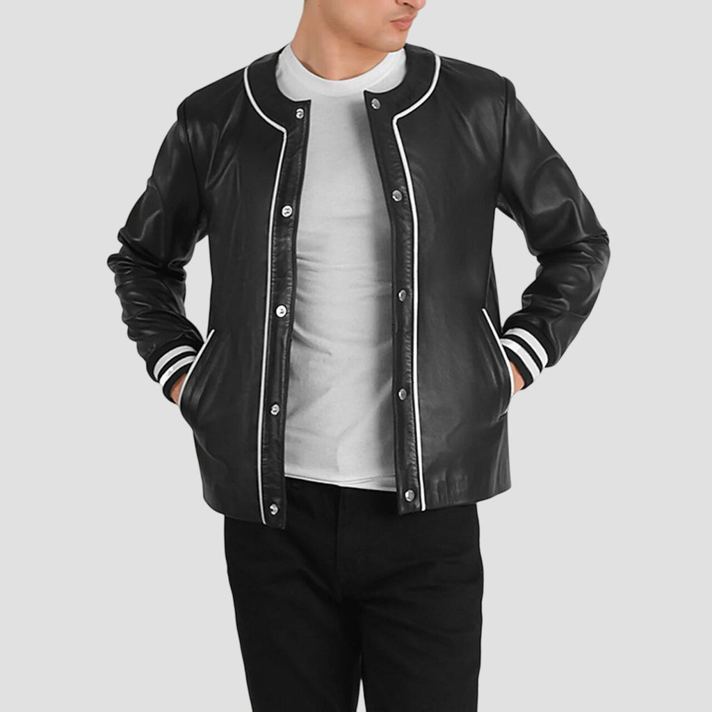 Men Black Genuine Leather Varsity Jacket with White Piping