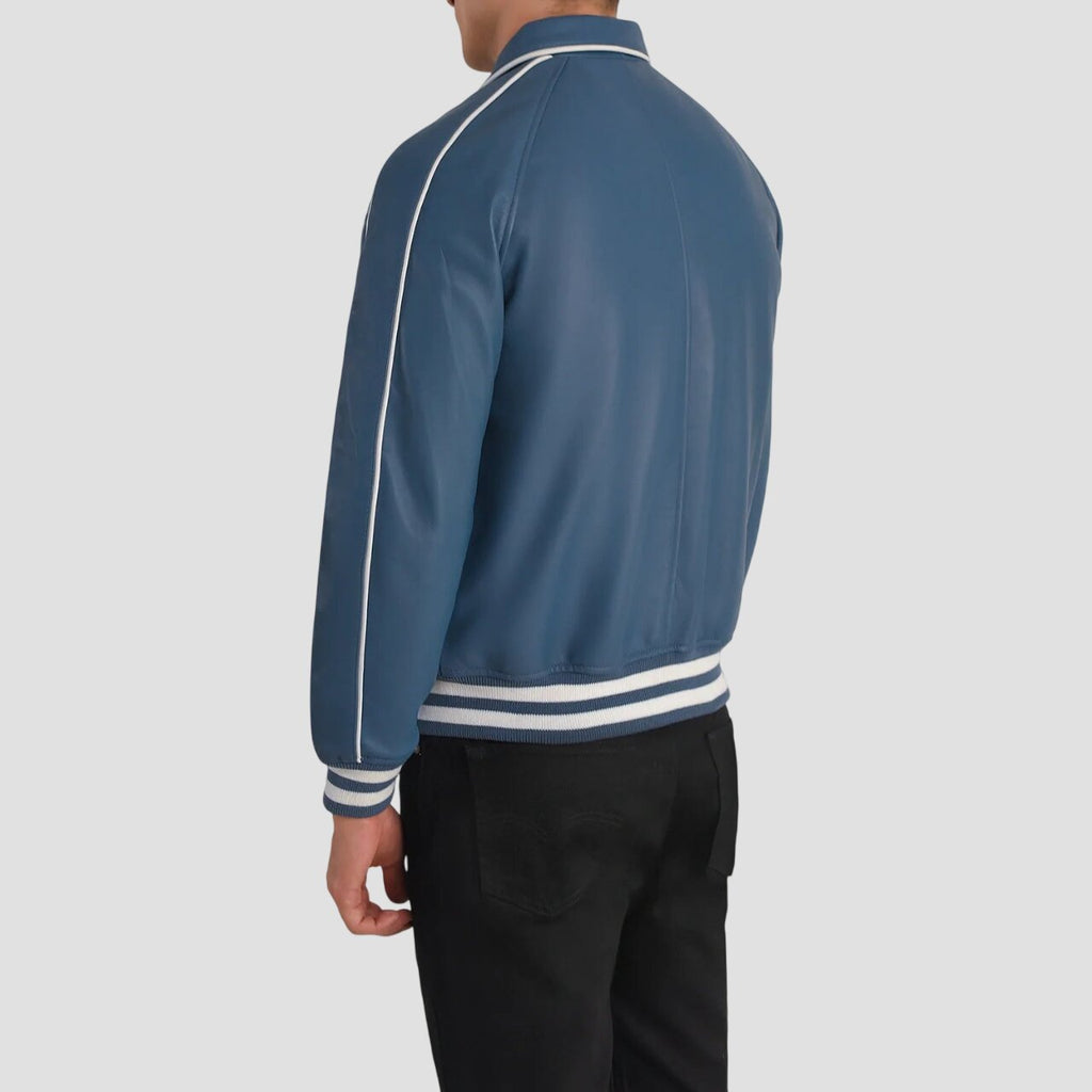 Men Light Blue Leather Varsity Jacket