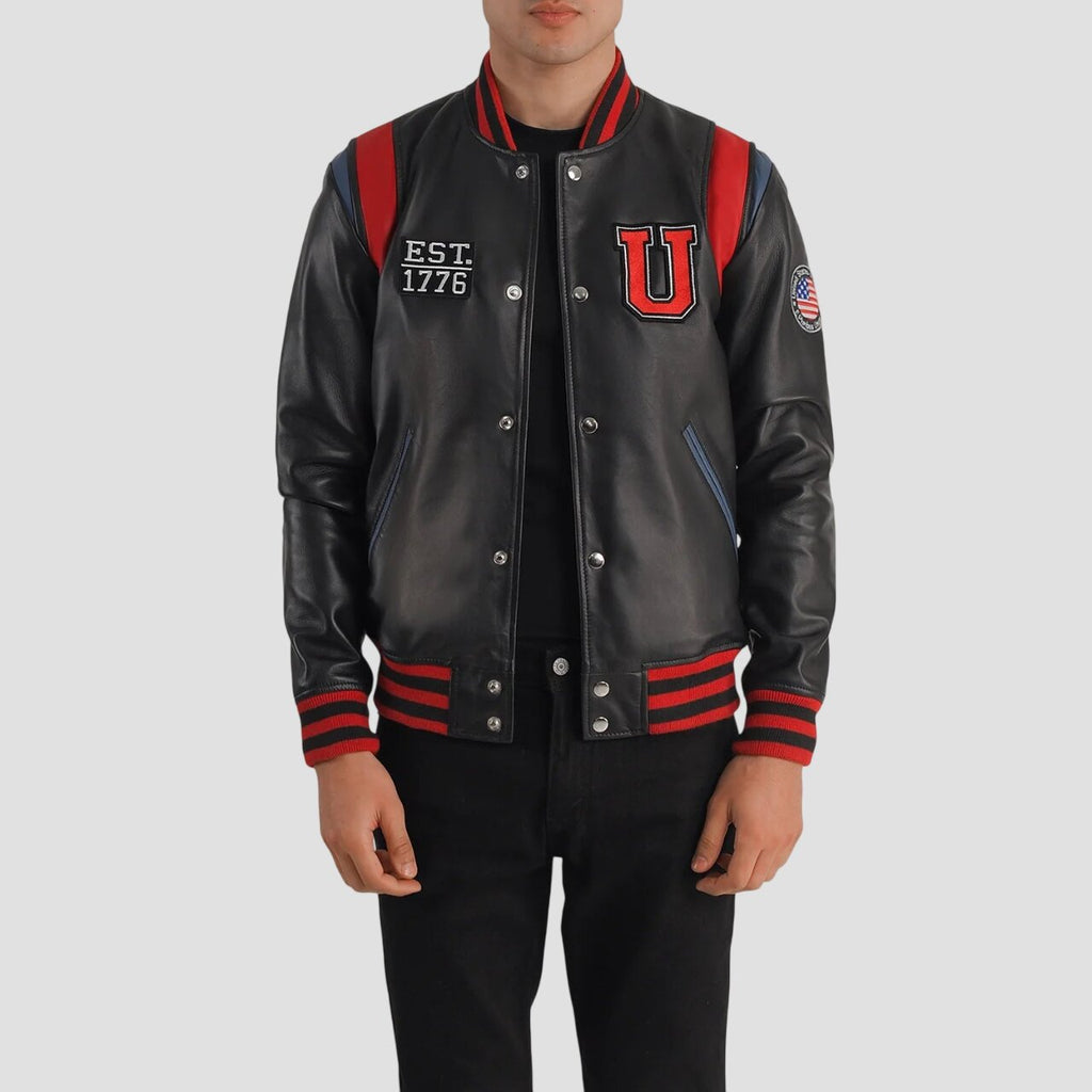 Men USA Black and Red Leather Varsity Jacket