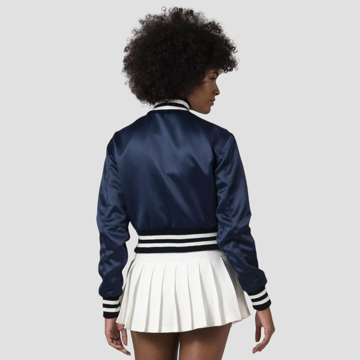 Women Navy Blue Satin Cropped Varsity Jacket
