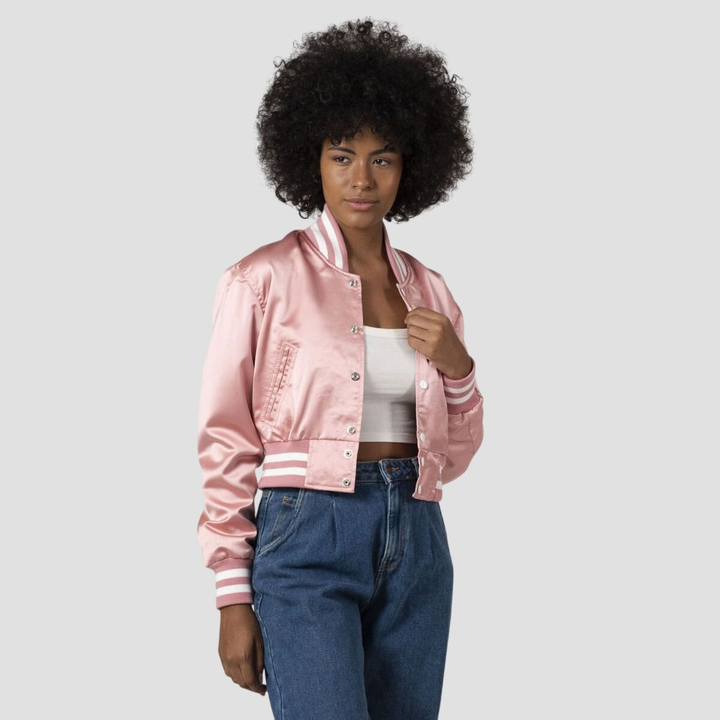 Women Pink Satin Cropped Varsity Jacket