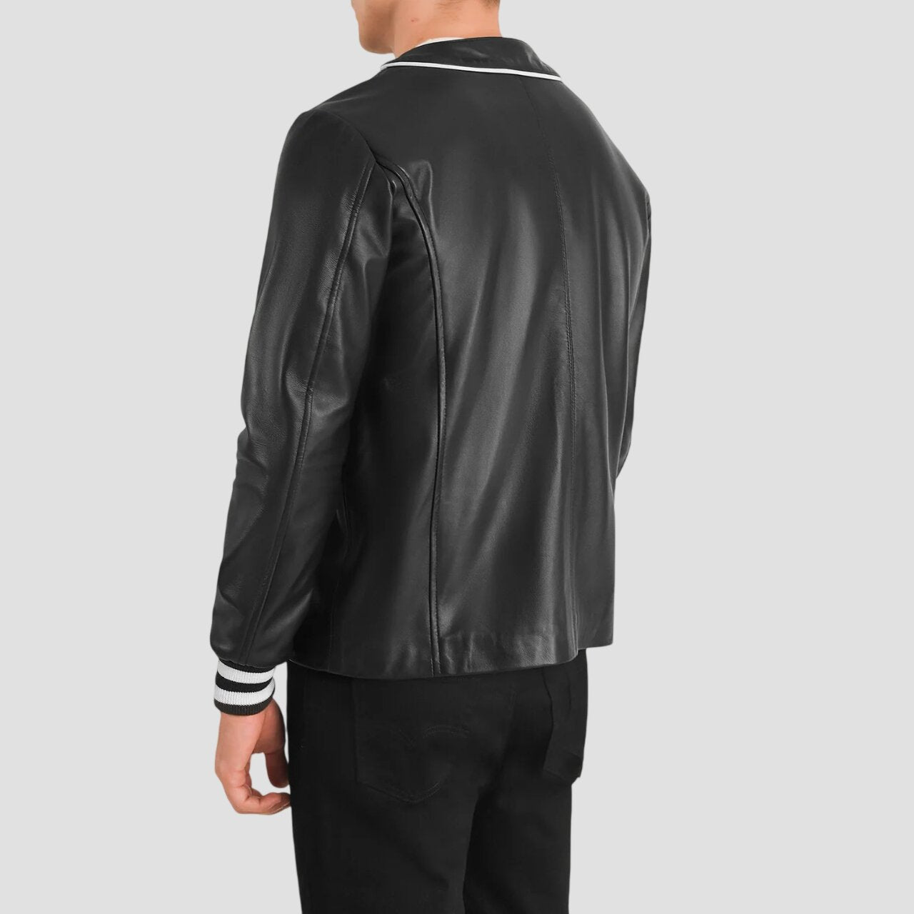 Men Black Genuine Leather Varsity Jacket with White Piping