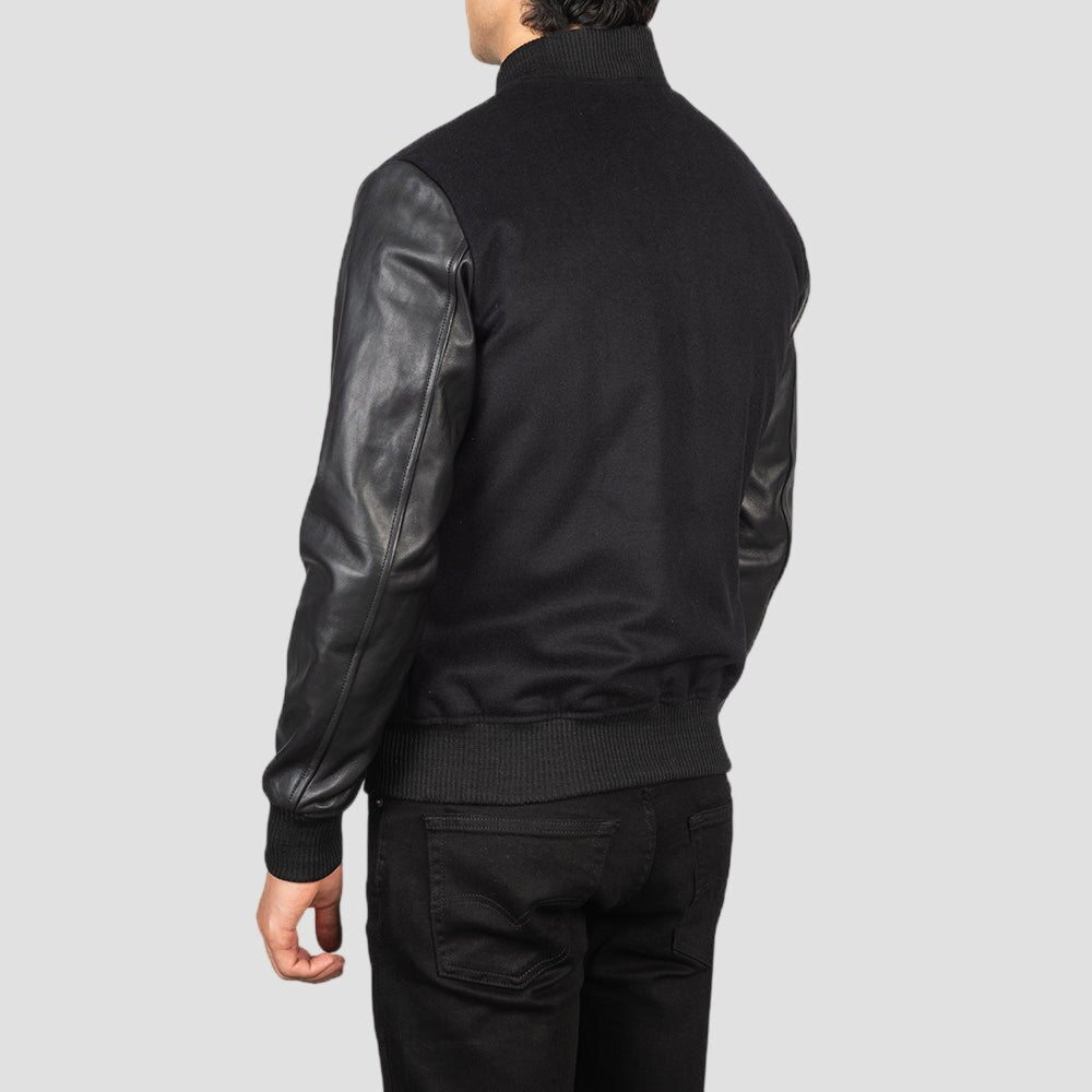 Men Black Premium Hybrid Wool and Leather Varsity Jacket