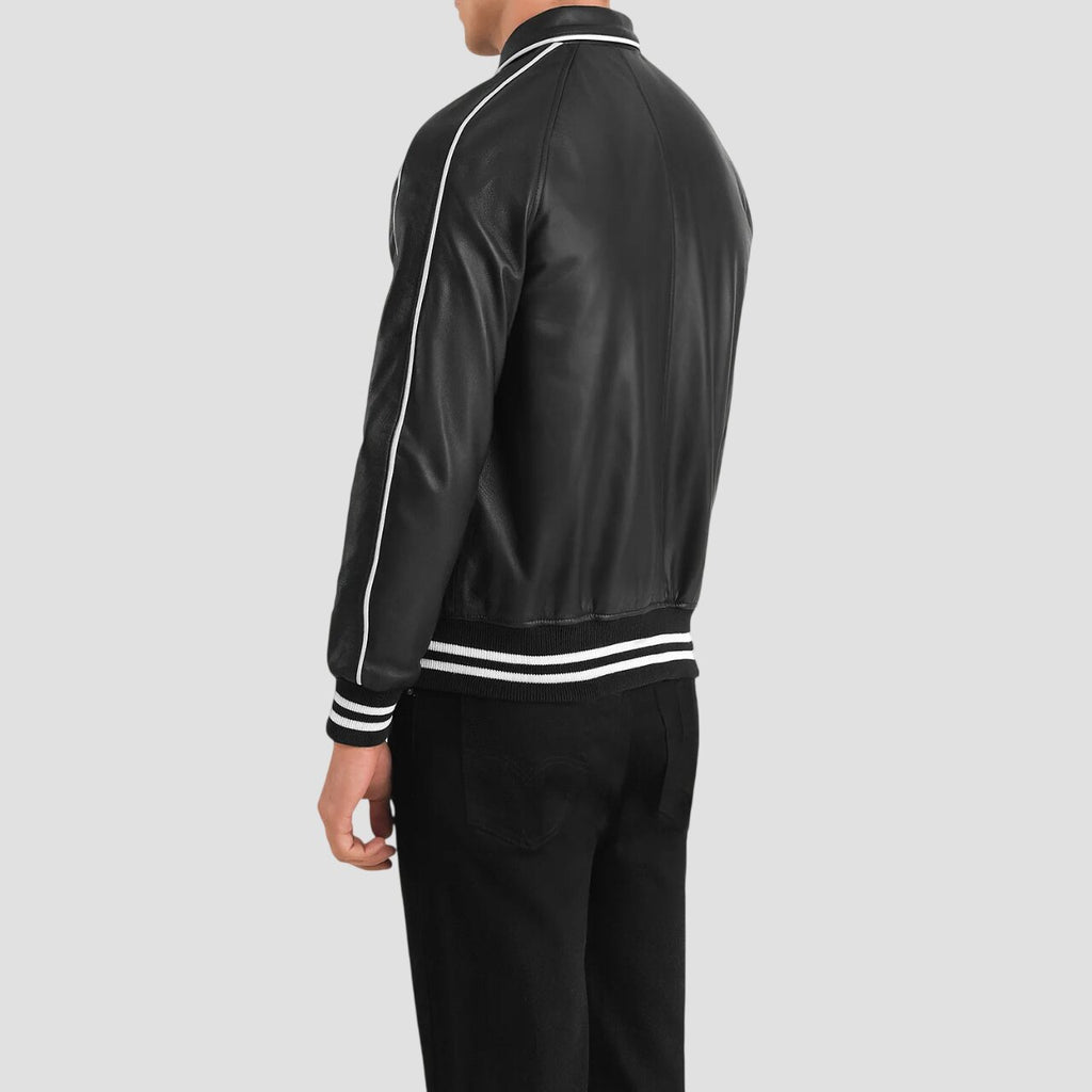 Men Black Real Leather Varsity Jacket