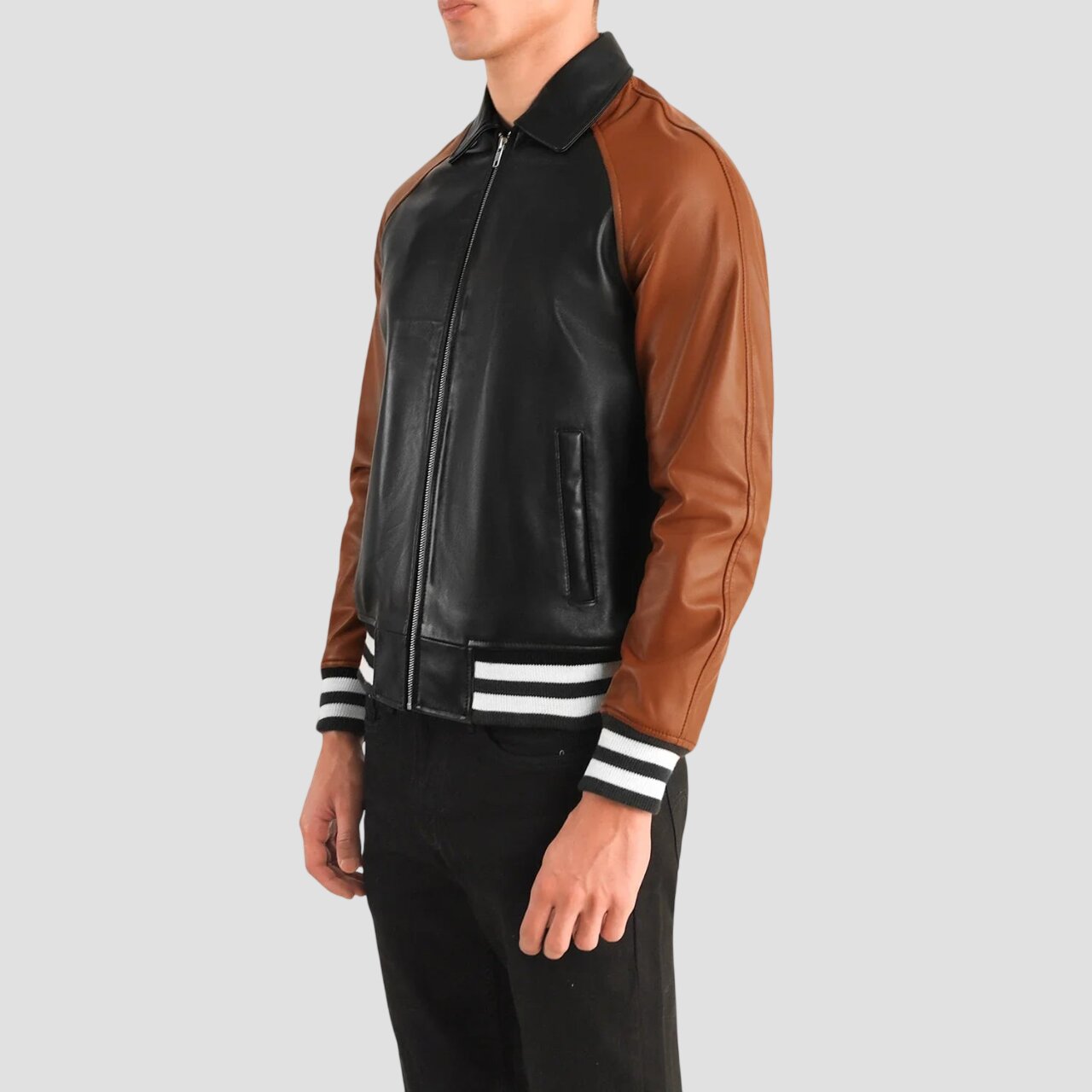 Men Black and Brown Leather Varsity Jacket