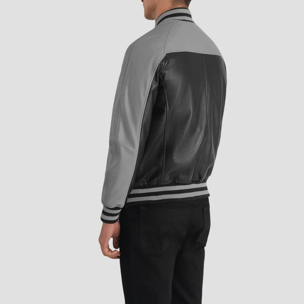 Men Black and Grey Genuine Leather Varsity Jacket