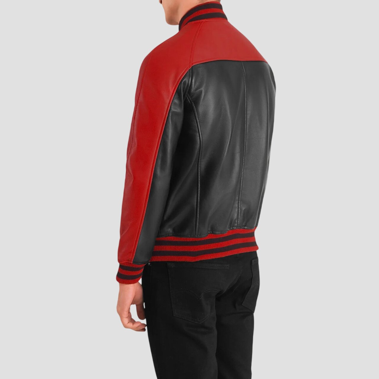 Men Black and Red Leather Varsity Jacket