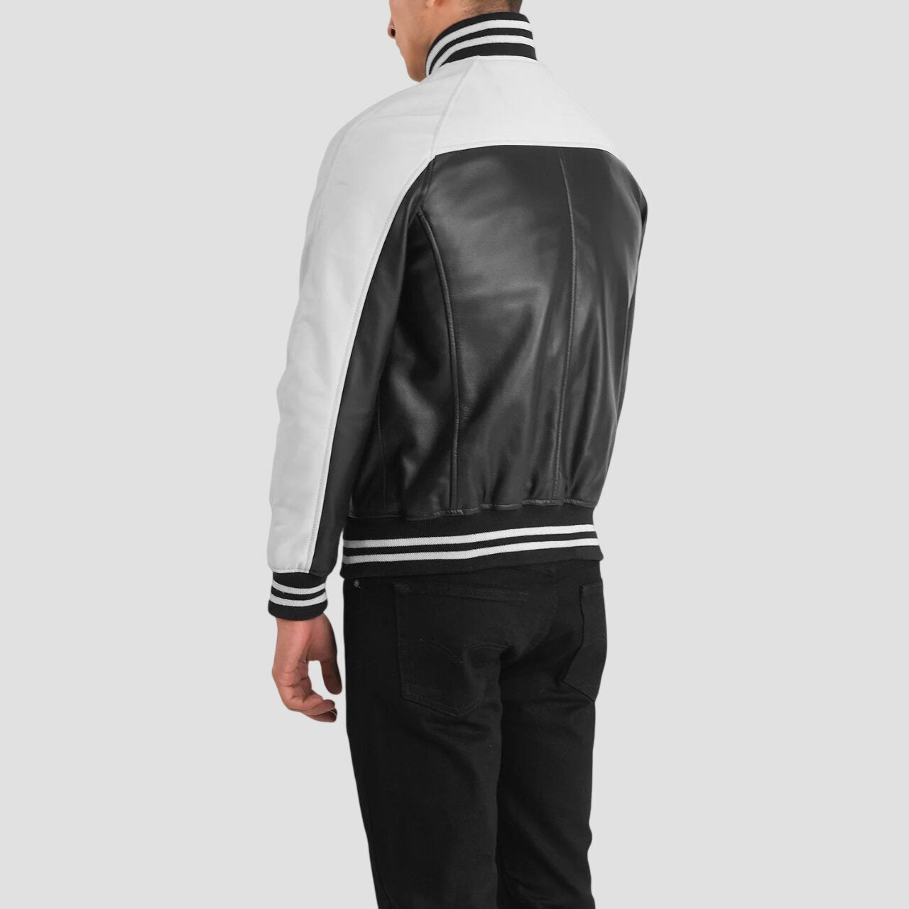Men Black and White Genuine Leather Varsity Jacket