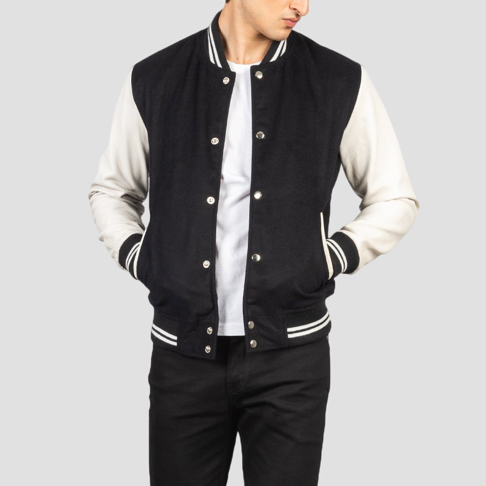 Men Black and White Hybrid Wool and Leather Varsity Jacket