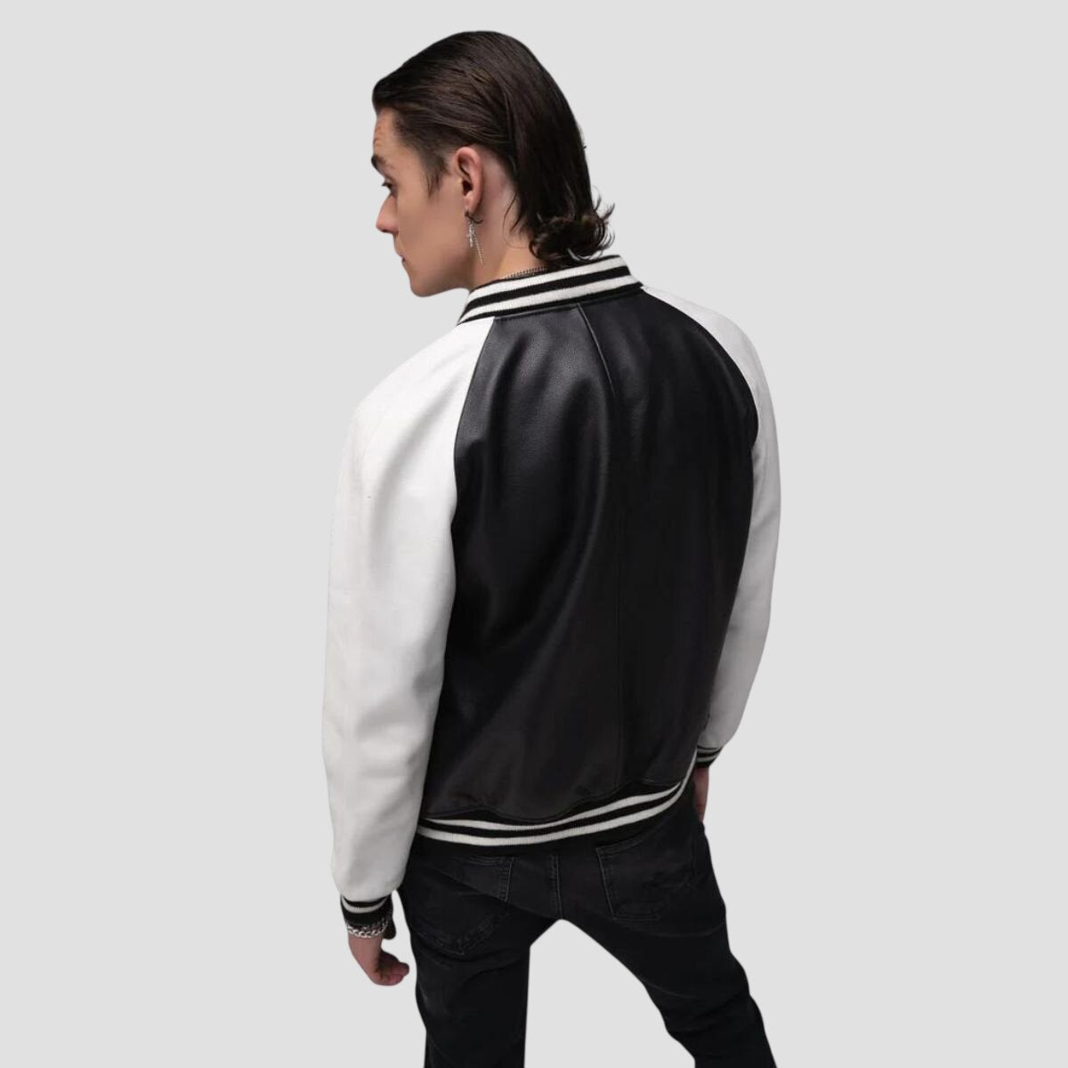 Men Black and White Premium Leather Baseball Varsity Jacket
