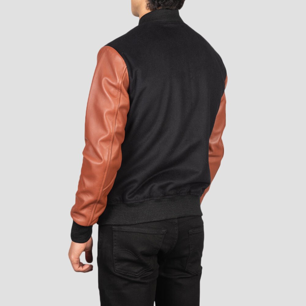 Men Brown and Black Hybrid Wool and Leather Varsity Jacket