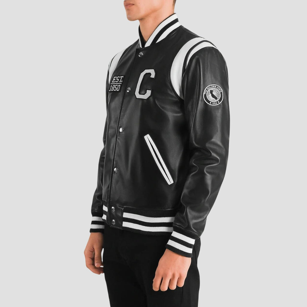 Men California Black Leather Varsity Jacket