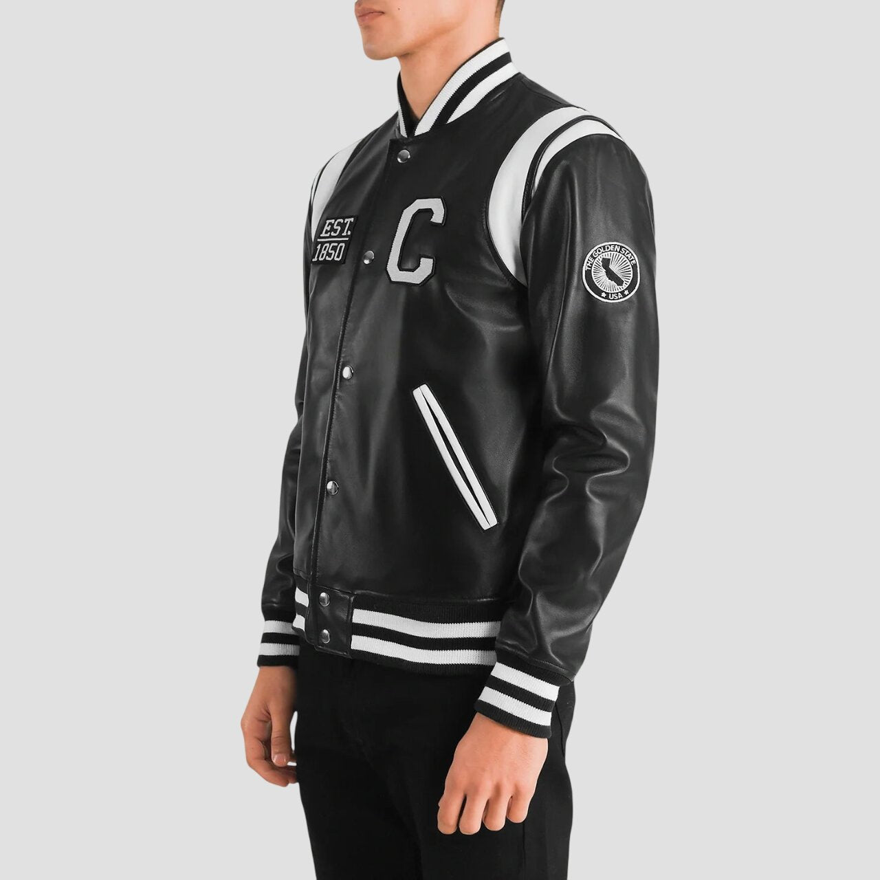 Men California Black Leather Varsity Jacket