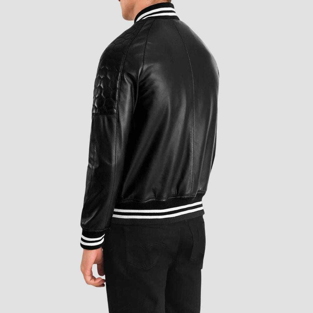 Men Classic Black Leather Varsity Jacket