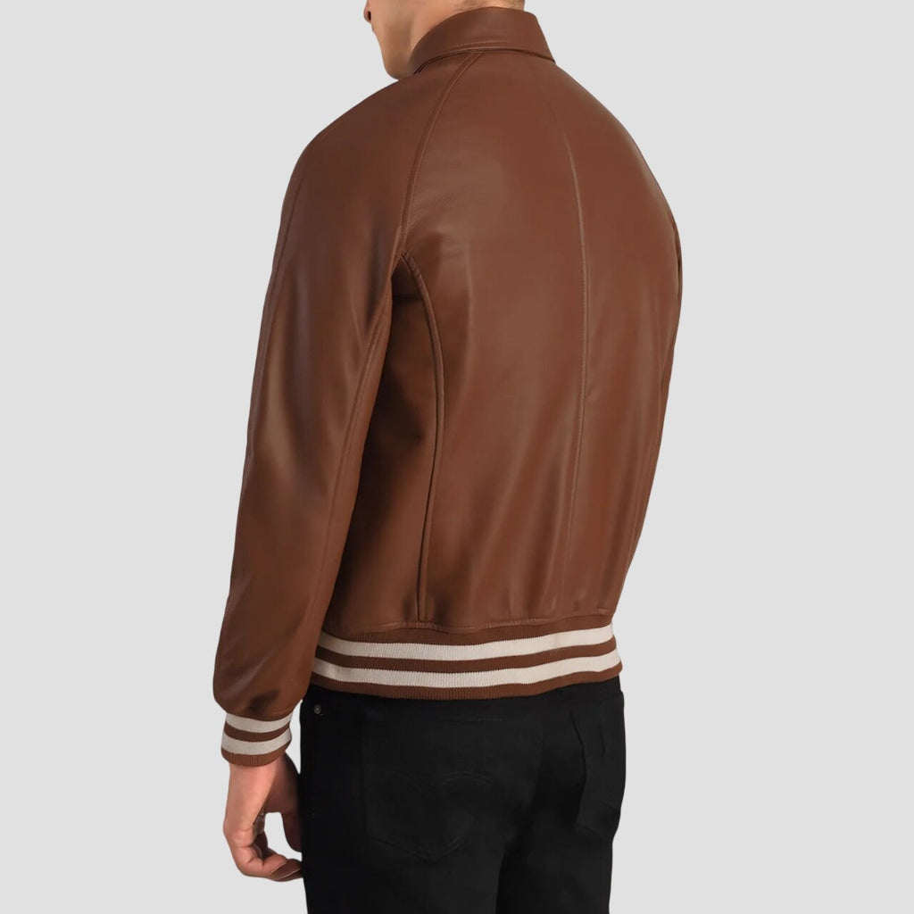 Men Dark Brown Premium Genuine Leather Varsity Jacket