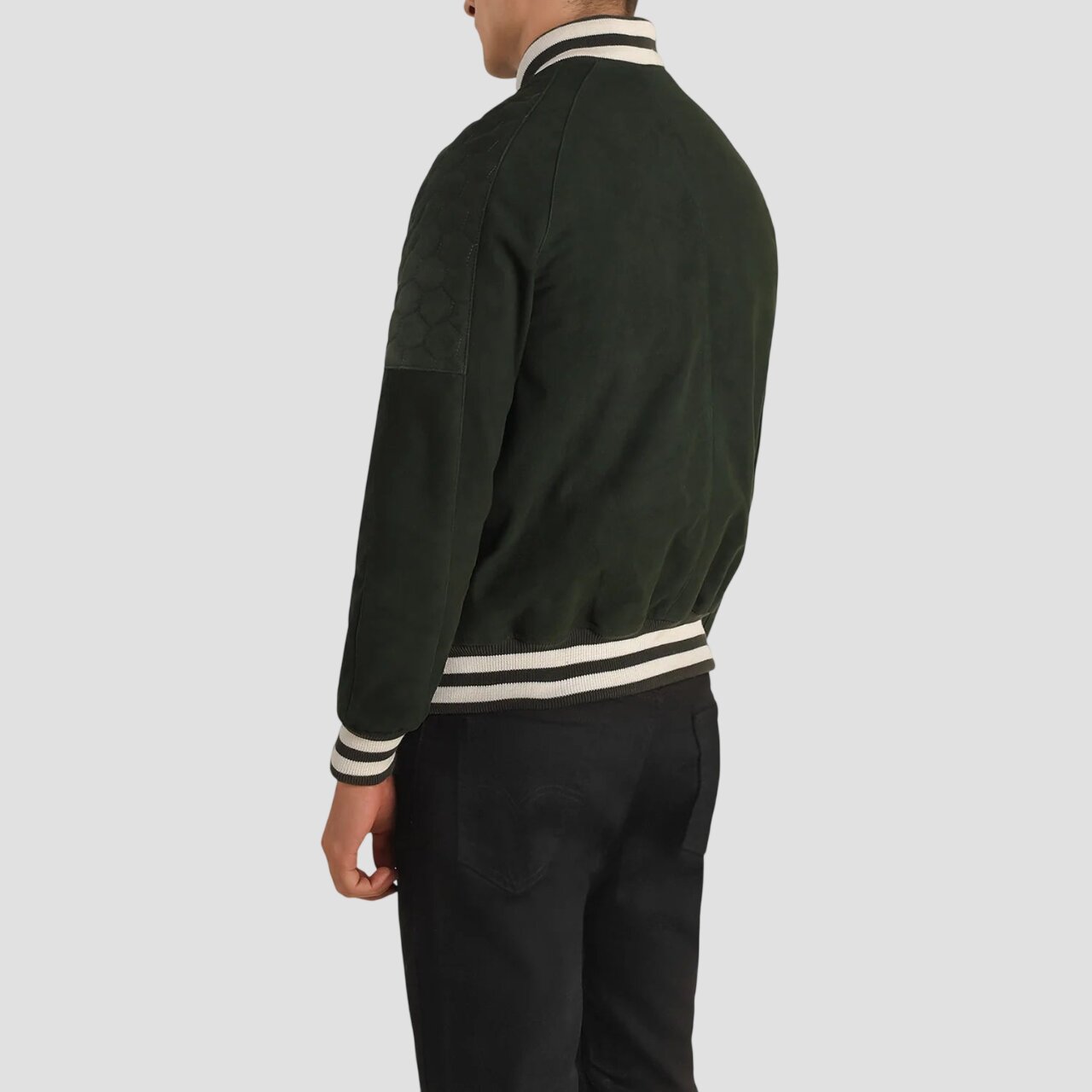 Men Green Suede Leather Varsity Jacket