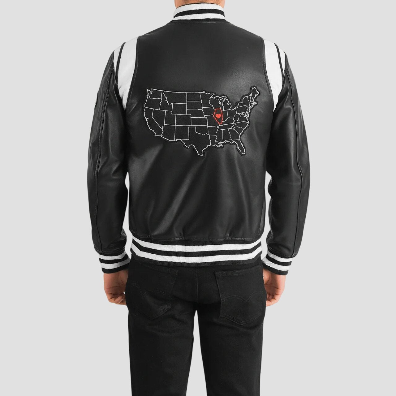 Men Illinois Black Leather Varsity Jacket